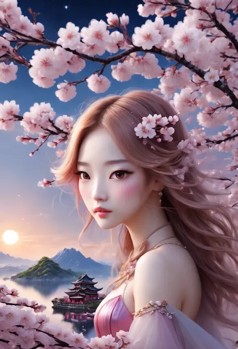 Princess&#39;s&#39;s face appears in the air，spring landscape，Surreal wonderland，Dream Island in the Sea of Clouds，(Cherry blossoms:1.3)，Cherry blossoms飞舞着，Princess&#39;The palace is covered with snow，Cherry blossoms樹綻放無盡生機，Twinkling stars in the night sky...