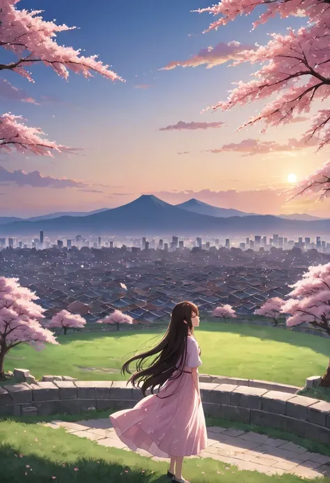 cherry tree下的女人，gaze at the distant skyline，那sunset余晖与古老的都城映造出一道美丽的风景，west wind blows girl&#39;long hair，sunset，sunset，cloud，fal...