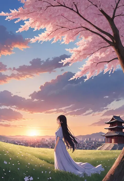 cherry tree下的女人，gaze at the distant skyline，那sunset余晖与古老的都城映造出一道美丽的风景，west wind blows girl&#39;long hair，sunset，sunset，cloud，fal...