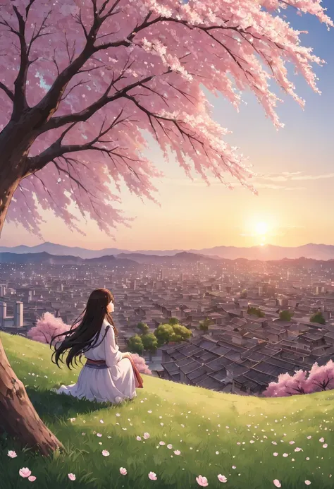 cherry tree下的女人，gaze at the distant skyline，那sunset余晖与古老的都城映造出一道美丽的风景，west wind blows girl&#39;long hair，sunset，sunset，cloud，fal...