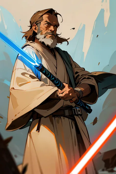 star wars, jedi, brown robe, white shirt, blue lightsaber, old , beard