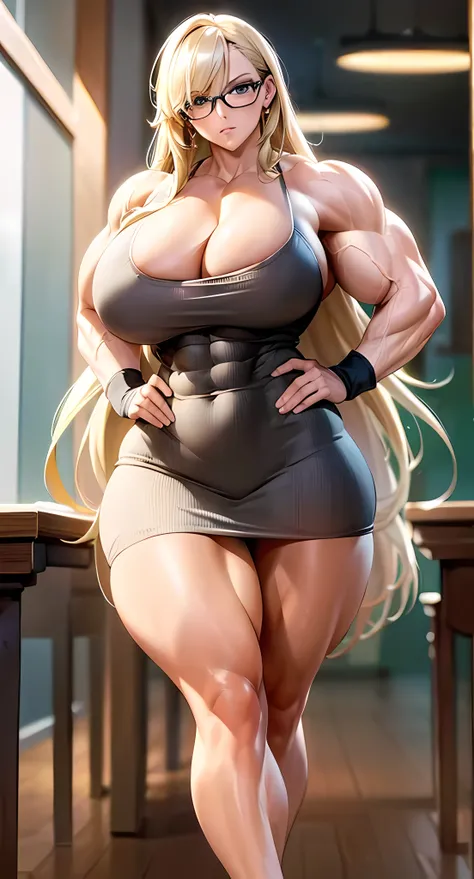 (masterpiece, best quality, high quality, highres:1.4), detailed, very tall, roupas apertadas , sweater , glasses, saia branca, (((accurate anatomy))), ((((Muscular Quadricepassive Female Bodybuilder))))), muscular shoulders,extremely detailed, sexy ((teac...