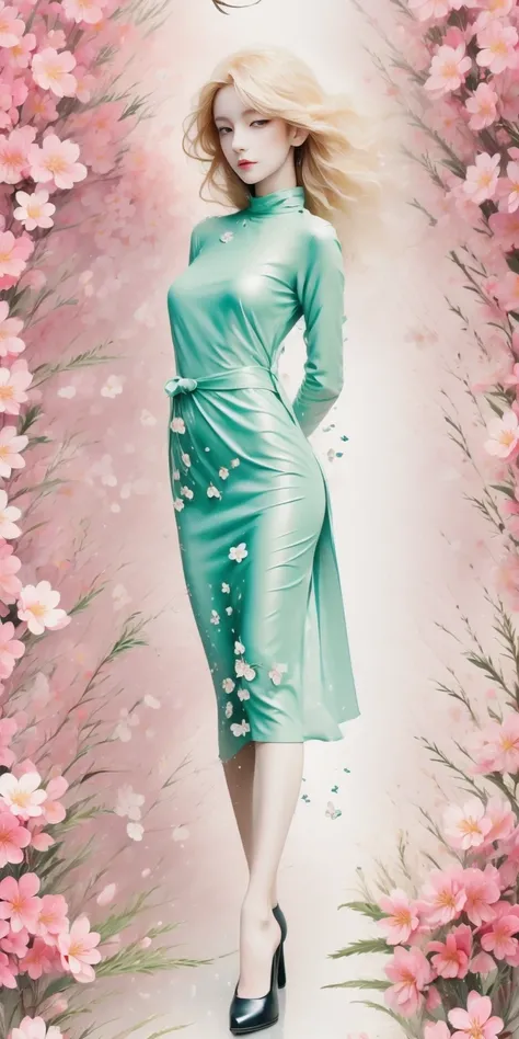 (Sakura background:1.5)，Beautiful woman in dream space, Tight ultra-thin dress gold, 18k, {{masterpiece}}, best quality, high quality:1.4), {{[[View from the front}}, Eye_touch,Various photo taking actions)]], face is very beautiful, and very pretty Eyes, ...