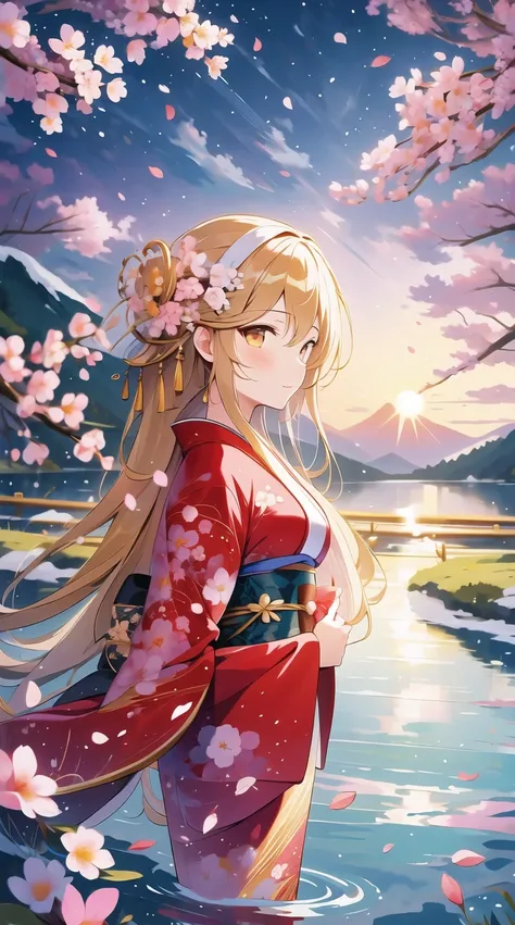 Asuna, masterpiece, best quality, detailed, (1 girl), alone, detailed golden eyes, long hair, Everlasting, Close to the audience, (detailed kimono), faint smile, medium breasts,  (Put your arms behind your back), water, Sunset, (hair accessories), (cherry ...