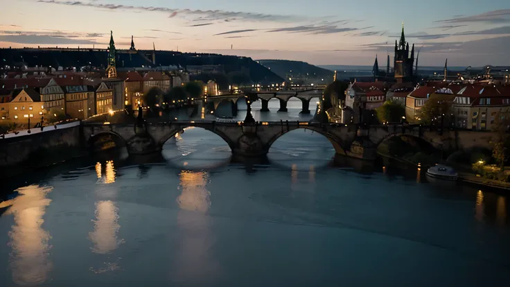 the Charles Bridge in Prague just before sunrise, with the Gothic towers silhouetted against the pale blue of the pre-dawn sky. The bridge is dusted with snow, and the Vltava River below mirrors the city’s lights. Technical Details: • Camera: Mirrorless ca...