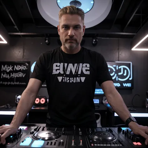 48 year old man, DJ, blonde, European, white, Russian, Looking at the camera , very short hair, short haircut, with beard,DJ на пульте,night club,DJ compiles records,DJ makes a mix,mixer remote control,club music,club night light,neon lightss,neon lights,S...