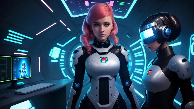 puffy woman on a futuristic space station with a computer, cute garota ciborgue, garota ciborgue, ciborgue - garota, girl with mecha cybernetic armor, cyber suit, cyber suits, linda garota ciborgue, Wojtek FUS, ruiva feminina cyberpunk, beautiful garota ci...