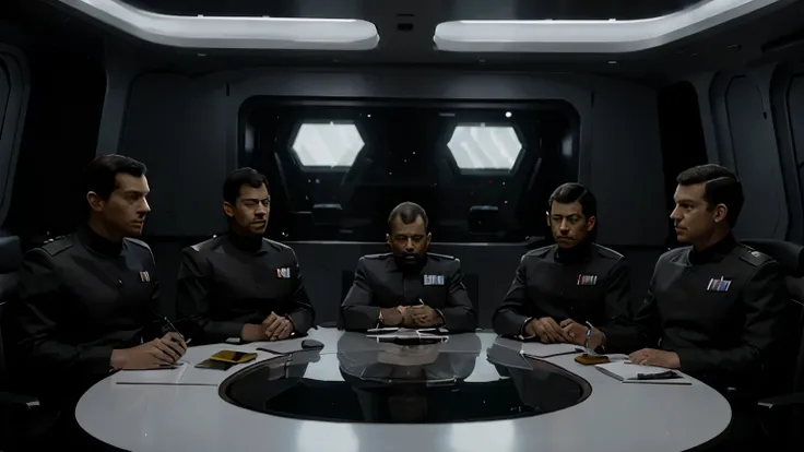 Several imperial officers gathered around a table, having a meeting, in a starship