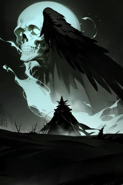 In the heart of a dark and enchanting forest, a towering ancient figure stands, shrouded in mystery and history. Suddenly, a colossal figure materializes behind it, a huge black ghost with wings so vast they seem to swallow the moonlight. The ghosts eyes g...