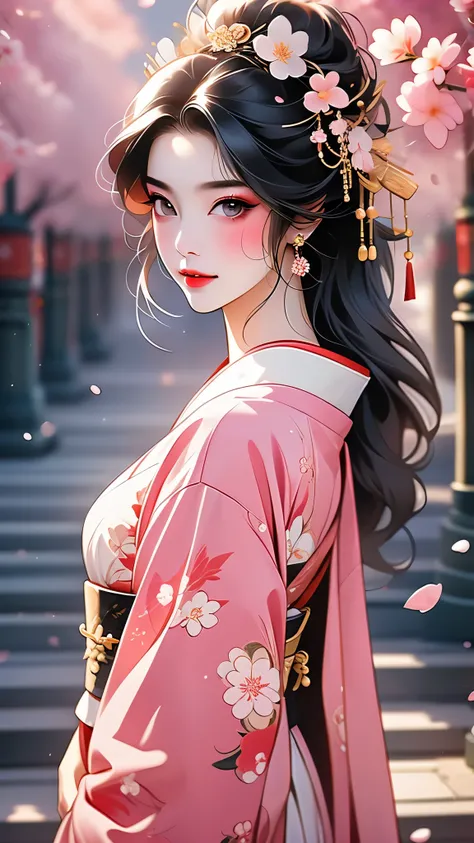 (A geisha girl gracefully stands under cherry blossoms, looking back and smiling: 1.37), many red cherry blossom petals fall one after another, (whole body) The white base makeup on the girls face has no highlights or shadow decorations. The entire white f...