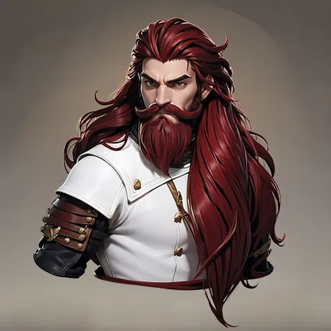 homme au cheveux long et roux avec une barbe rousses et assez longue en armure qui combat des ennemis avec sa lance