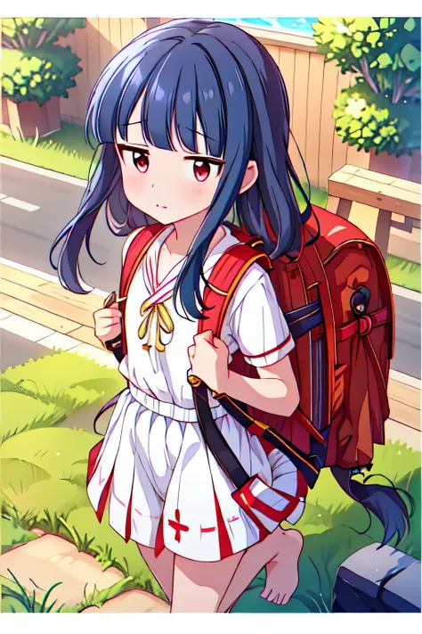 , yukimi, 10., long hair, dull bangs, flat chest, No expression, shy, whole body, highest quality, wearing burmese navy, short sleeve (White gym uniform with colored hems:1.3), carry (randoseru backpack:1.4), barefoot, at the park,