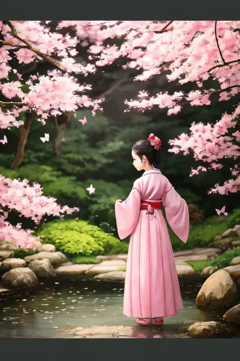 (best quality, 4K, 8K, high resolution, chef-d&#39;artwork) ultra-detailed, : Une fille asiatique en hanbok (full view) avec des fleurs de cerisier: Beautiful detailed eyes, beautiful detailed lips, Extremely detailed eyes and face, fille dans un jardin de...