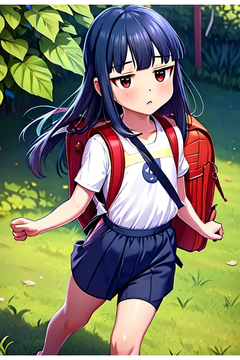 , yukimi, 10., long hair, dull bangs, flat chest, No expression, shy, whole body, highest quality, wearing burmese navy, short sleeve (White gym uniform with colored hems:1.3), carry (randoseru backpack:1.4), barefoot, at the park,
