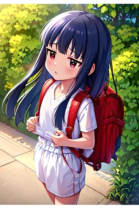 , yukimi, 10., long hair, dull bangs, flat chest, No expression, shy, whole body, highest quality, wearing burmese navy, short sleeve (White gym uniform with colored hems:1.3), carry (randoseru backpack:1.4), barefoot, at the park,