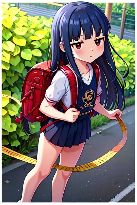 , yukimi, 10., long hair, dull bangs, flat chest, No expression, shy, whole body, highest quality, wearing burmese navy, short sleeve (White gym uniform with colored hems:1.3), carry (randoseru backpack:1.4), barefoot, at the park,