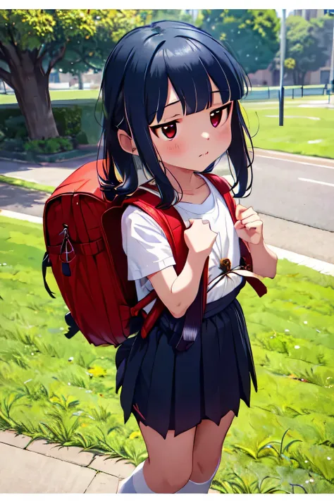 , yukimi, 10., long hair, dull bangs, flat chest, No expression, shy, whole body, highest quality, wearing burmese navy, short sleeve (White gym uniform with colored hems:1.3), carry (randoseru backpack:1.4), barefoot, at the park,