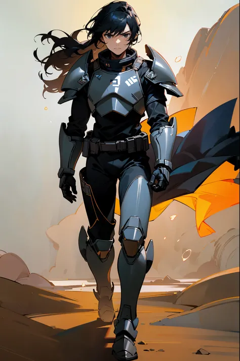 1male, space armor, black armor, black space armor, Mandalorian armor, black clothing, hands behind back, black hair, black eyes, serious expression, walking on path, sandy background, windy, space background