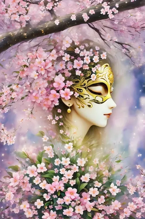 mask in cherry blossoms，Portrait surrounded by cherry blossoms