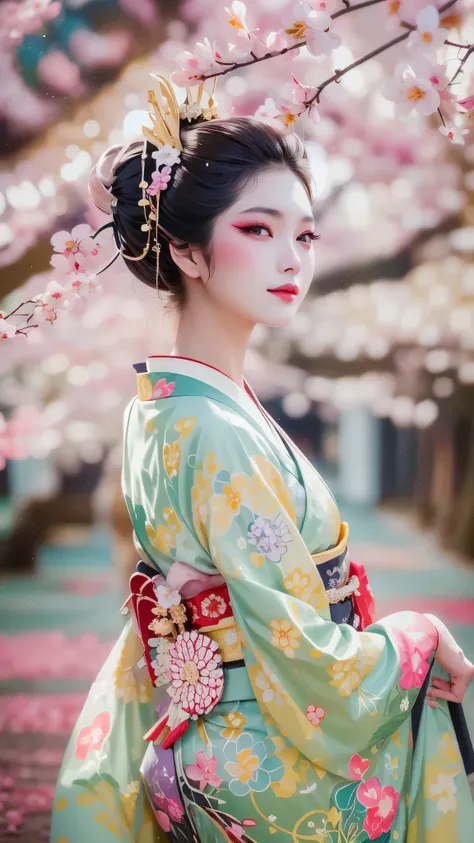 (a geisha girl gracefully stands under cherry blossoms, looking back and smiling: 1.37), many red cherry blossom petals fall one...