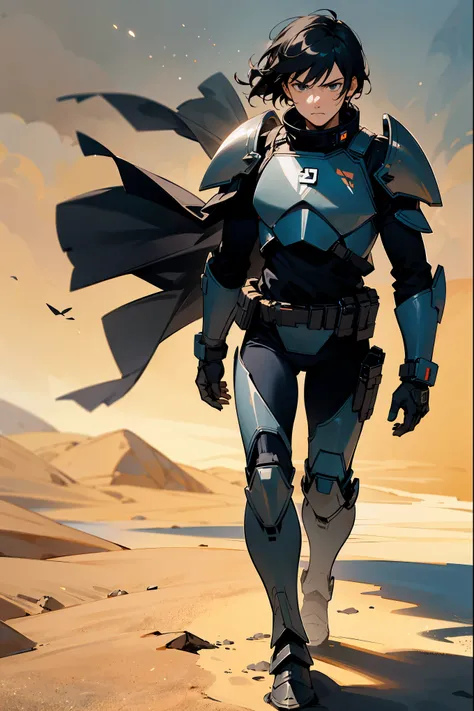 1male, space armor, black armor, black space armor, Mandalorian armor, black clothing, hands behind back, black hair, short hair, black eyes, serious expression, walking on path, sandy background, windy, space background