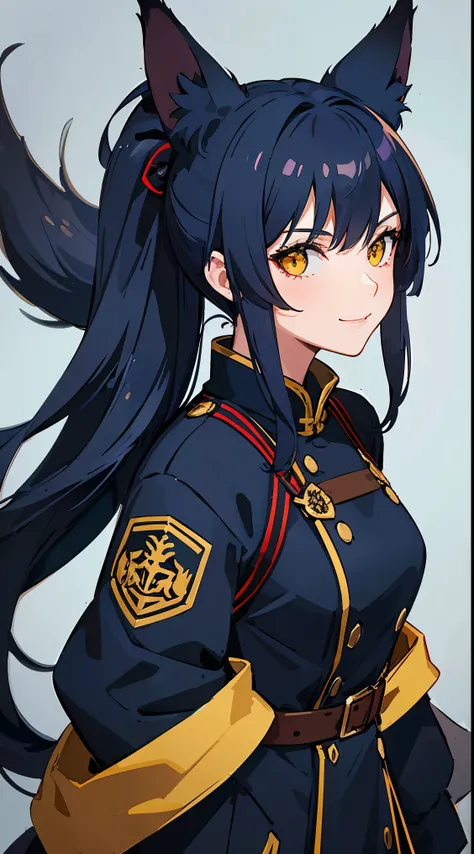 Adult woman, Long dark blue hair, high ponytail, Fox ears, Foxtail, yellow eyes, Combat uniform, Smile, Masterpiece, hiquality