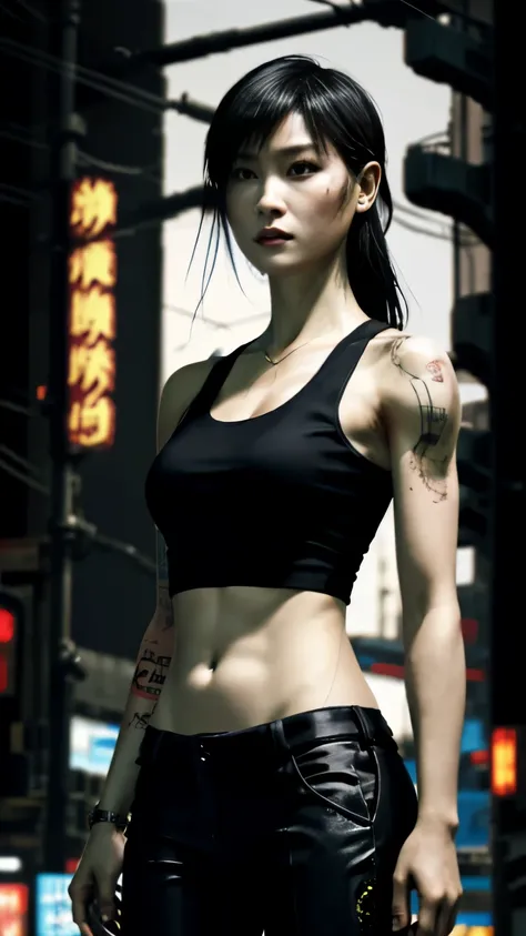 (highest quality)，masterpiece，Super detailed，8K, UHD，Beautiful woman，japanese woman，No expression，whole body，((tattoo))，slim，black slacks，white tank top，(female mafia)，gangster，(cyberpunk city)，night，cinematic lightening，underworld