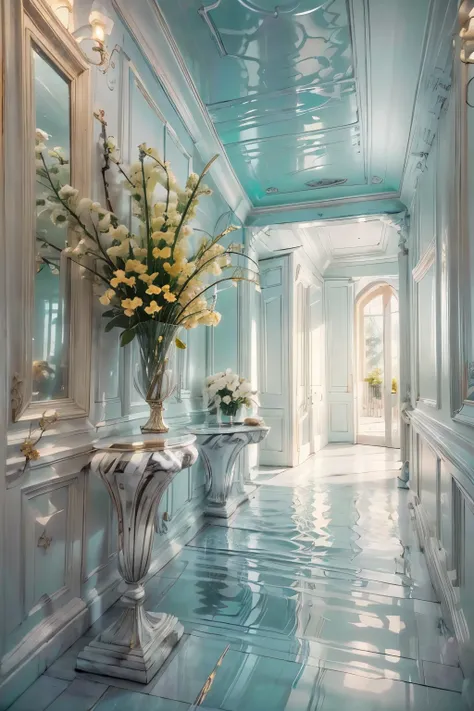 Megapolis, modern interior, small entrance hall, corridor, elegant style, window to the backyard. High ceiling, vertical composition, Style (High-Tech), (Modern). Best quality, (SURREALISM: 1.3)). (real flowers in a simple glass vase, on the floor), (amazi...