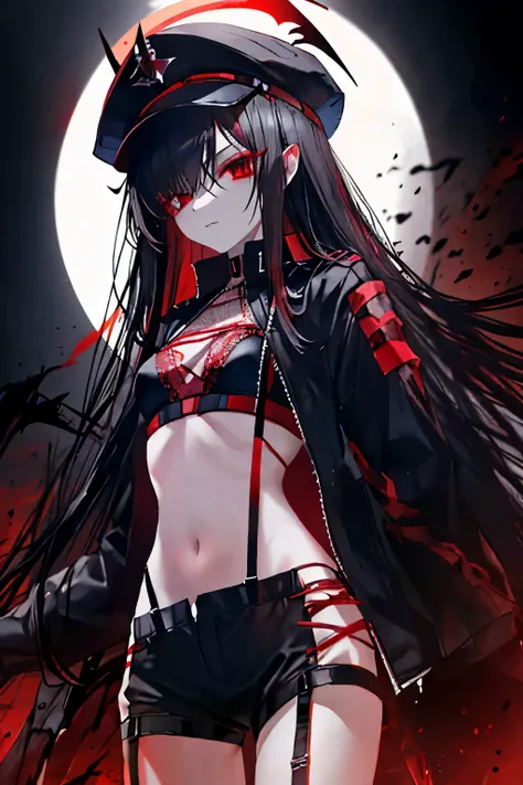 Demon Black hair Red eyes Long hair Red mesh Blindfold Clothes based on black and red Belly button exposed Garter belt Shorts Knife Long bangs Covering left eye Covering one eye Long hair down to the waist Slender Girl Black bra Small breasts Countless bla...