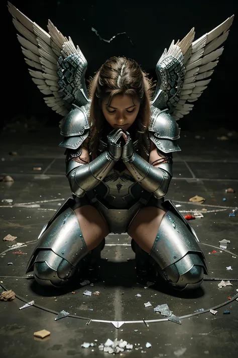 armored Angel warrior with big wings kneeling looking defeated, ground covered in shattered glass