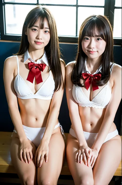 2 girls in classroom near window,white bikini with red bow tie,no panties,18-year-old,bangs,a little smile,thighs,knees,straight hair with barrette,from below,front-lighting