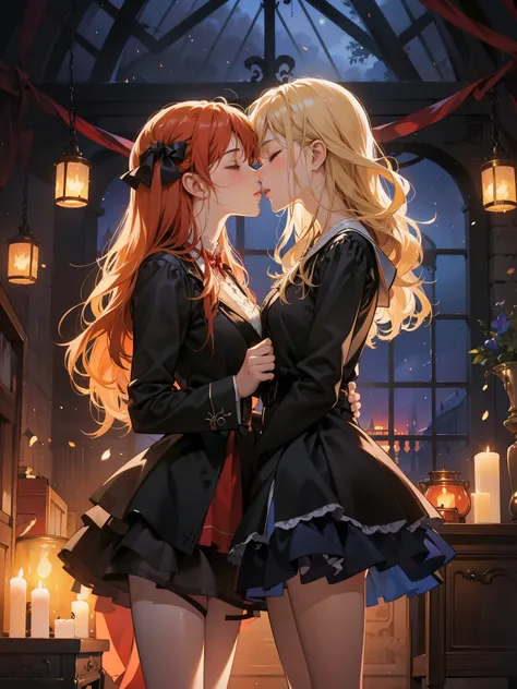 oilpainting anime of two girls kissing, candels, warm light night, castle indoor, HD, 4K, closed eyes