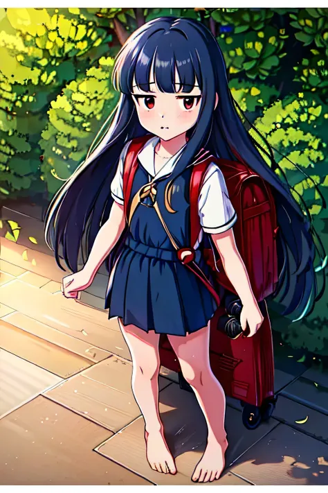 , yukimi, 10., long hair, dull bangs, flat chest, No expression, shy, whole body, highest quality, wearing burmese navy, short sleeve (White gym uniform with colored hems:1.3), carry (randoseru backpack:1.4), barefoot, at the park,