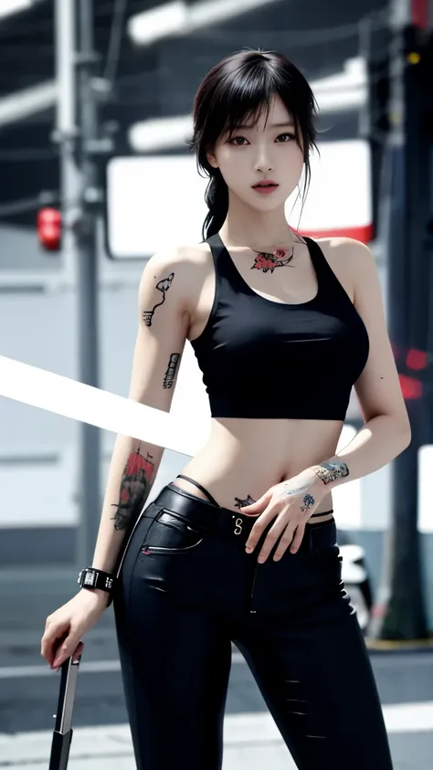 (highest quality)，masterpiece，Super detailed，8K, UHD，Beautiful woman，japanese woman，No expression，whole body，((tattoo))，slim，black slacks，white tank top，(female mafia)，gangster，(cyberpunk city)，night，cinematic lightening，underworld