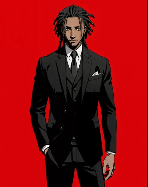 monochromatic, one black guy, with dreads, wearing suits, simple red background