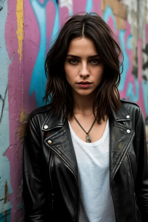 A photorealistic portrayal of a Tomgirl, clad in a vintage leather jacket with faded patches and worn-in character, abstract urban background displaying graffiti-covered walls in the distance, highlighting the intriguing juxtaposition of toughness and vuln...