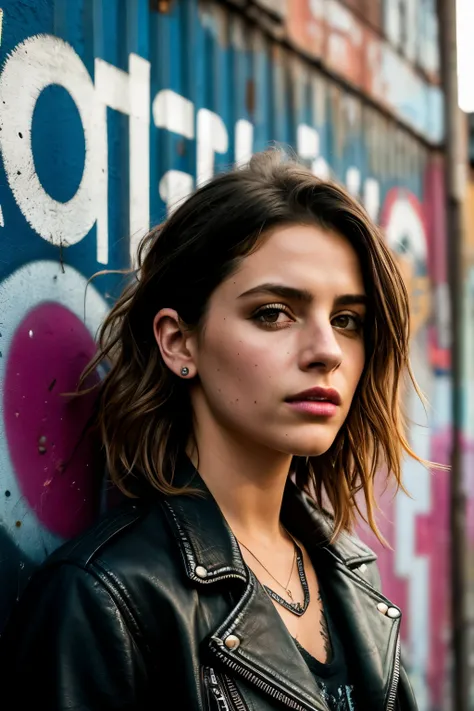 A photorealistic portrayal of a Tomgirl, clad in a vintage leather jacket with faded patches and worn-in character, abstract urban background displaying graffiti-covered walls in the distance, highlighting the intriguing juxtaposition of toughness and vuln...