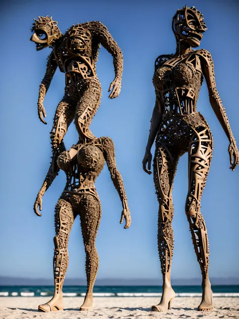 ultra-real hyper-insane stunning ultra-surreal family fashion design, pieces of cubist flesh walking at the beach and emerging from within them more extra arms, legs and bodies, bizarre and old random money glued to them, walking in the resort, dark sunny ...