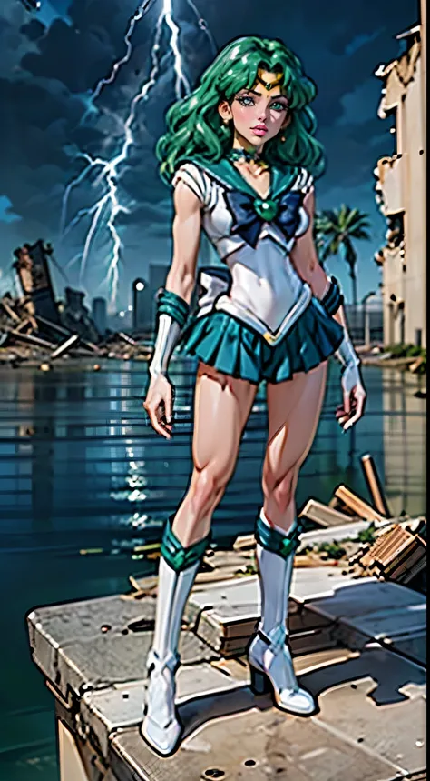 ((cinematic lighting)), (detailed skin), ((paintstrokes)),1girl, marinero Neptuno, (Uniforme Sailor Senshi:1.4), cabello verde oscuro, cabello mediano, Falda suplicante, La mejor calidad, Pendientes, Obra maestra, High resolution, Detalles intrincadoangwa ...