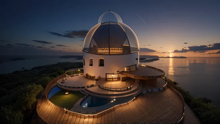 Image a glass-domed observatory with wooden viewing platforms to provide panoramic views with clear skies and a few scattered clouds, located on top of a hill and surrounded by water. Adicionalmente, include some vegetation, like trees or bushes, and a tel...