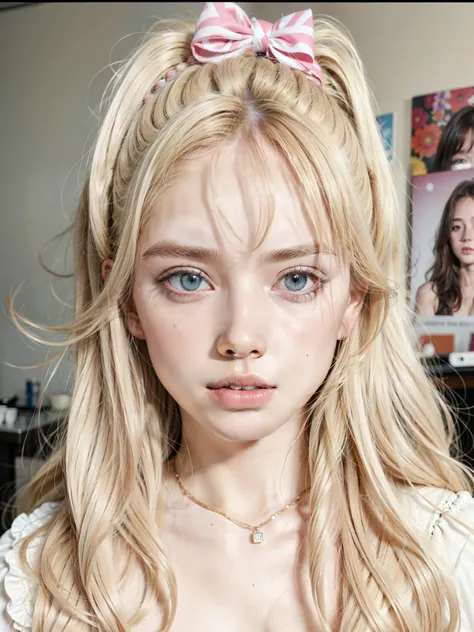 un primer plano de una chica con cabello rubio y un lazo rosa, cabello rubio y ojos grandes, Retrato realista kawaii, pale porcelain white skin, pelo largo y rubio y ojos grandes, bella delfina, long cabello rubio y ojos grandes, dulce conejita ultrarreali...