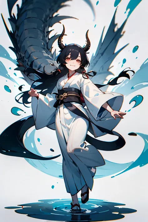 kimono，and、dragon horn and tail、water，White base，long hair that reaches waist，black hair，Drooping eyes，Round eyes，smile，cute，whole body