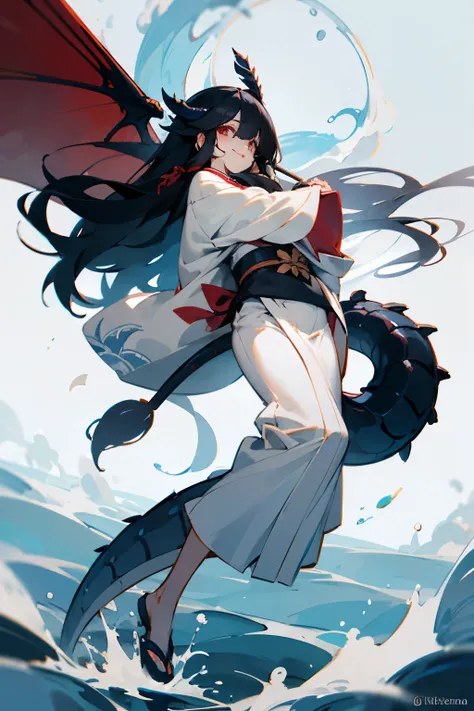 kimono，and、dragon horn and tail、water，White base，long hair that reaches waist，black hair，Drooping eyes，Round eyes，smile，cute，whole body