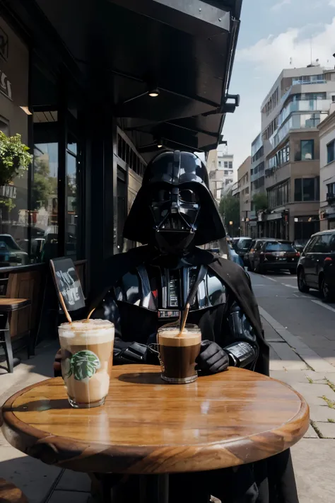 darth vader having a latte in starbucks outdoor watching the nice view