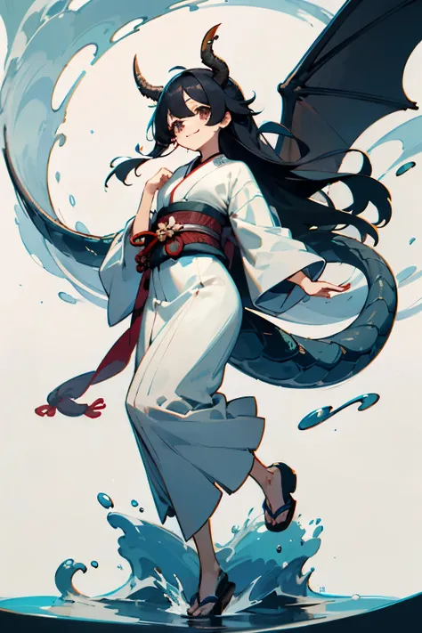 kimono，and、dragon horn and tail、water，White base，long hair that reaches waist，black hair，Drooping eyes，Round eyes，smile，cute，whole body