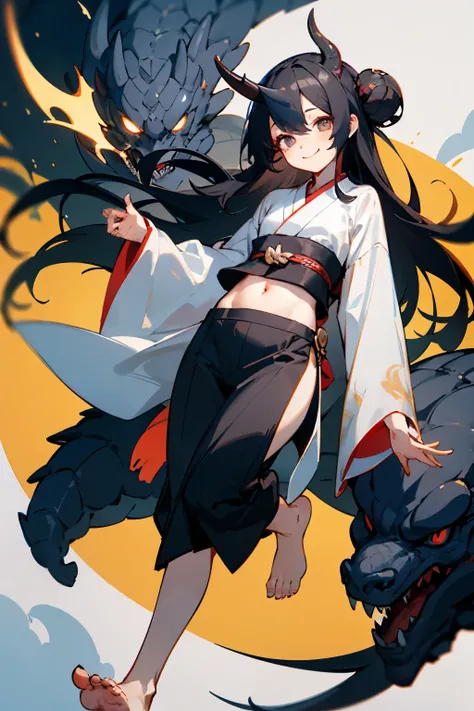 dragon personification，Horn，long，black hair，long hair that reaches waist，kimono，Navel exposed，barefoot，Drooping eyes，Round eyes，smile，cute，Bewitching，Darkness