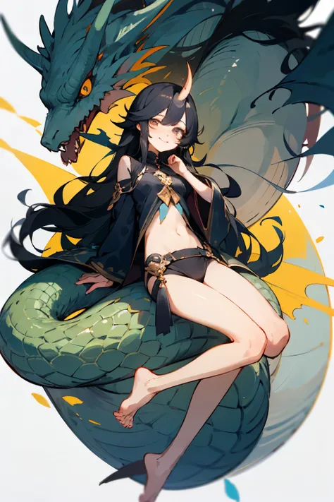 dragon personification，Horn，long，black hair，long hair that reaches waist，and，Navel exposed，barefoot，Drooping eyes，Round eyes，smile，cute，Bewitching，Darkness