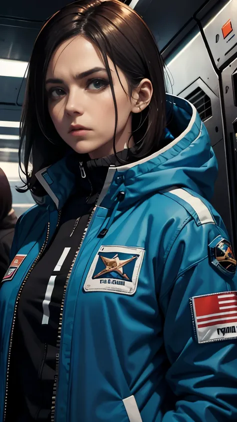 Woman in jacket, smoking, serious expression, space station, middle-aged woman, full height, Sai Fi Clothing, Tired