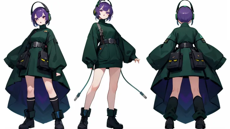 1 woman, (full body shot:1.5), 1 woman with purple hair, the woman's hair is purple on the outside and dark green on the inside,...