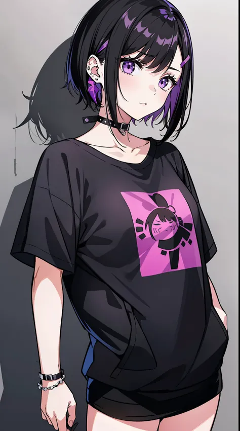 girl,portrait, black and purple, messy short hair, edgy accessories,sporty style, casual t-shirt, confident gaze, monochrome color scheme, looking to the side, chic street fashion, casual hands in pockets pose,head,((a person)),Hairpin